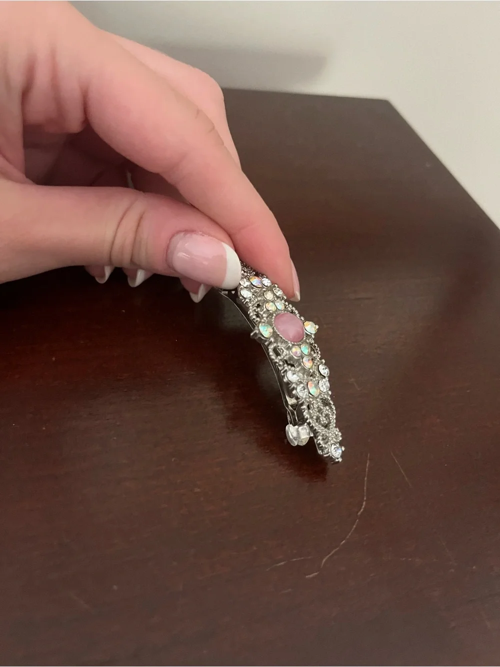 Silver Filigree Rhinestone Hair Barrette with Pink Center